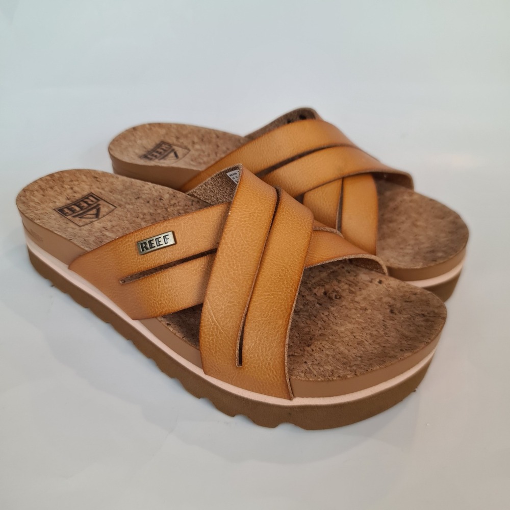 Reef Cushion Bloom Hi Womens Tan Platform Slide Sandals‎ Size 7 Chunky Cork